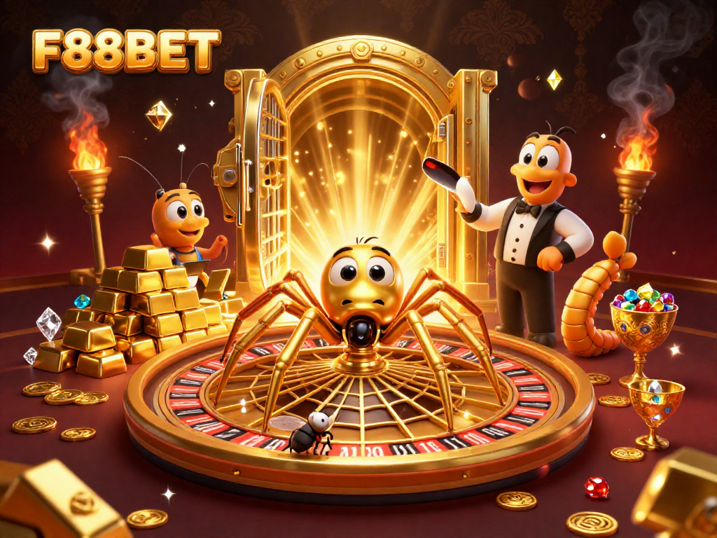 Engage with F88BET's thrilling roulette experience featuring a golden spider and croupier.