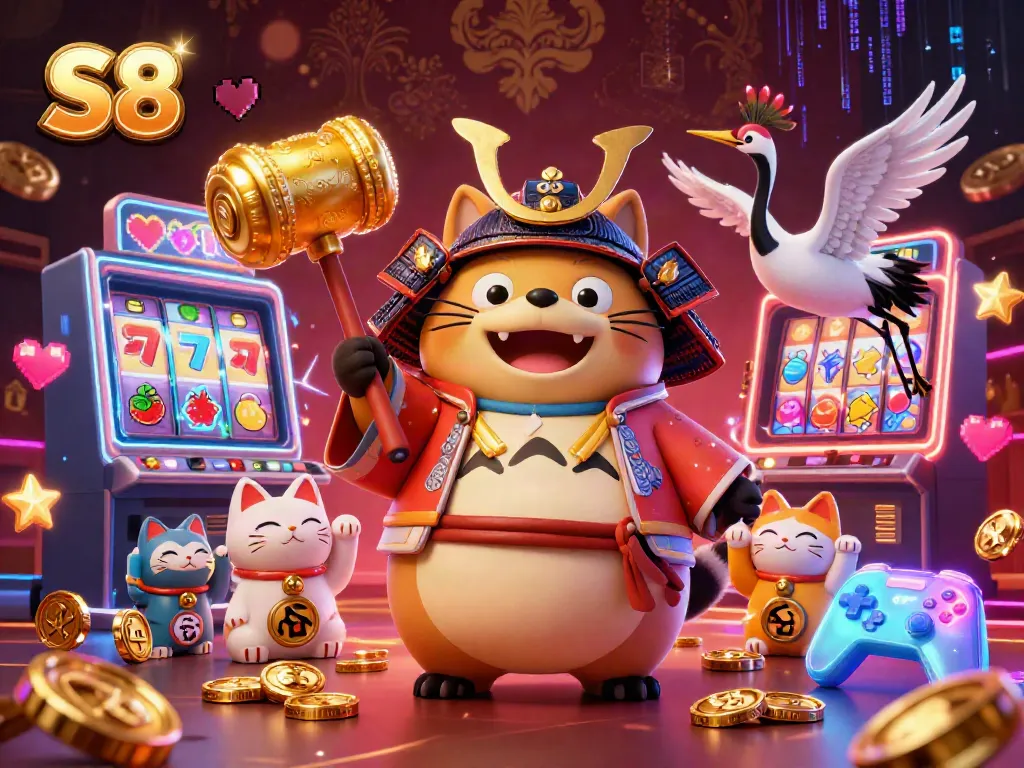 S8 casino scene with a cheerful tanuki holding a golden mallet, surrounded by vibrant gaming elements and maneki-neko fortune cats.