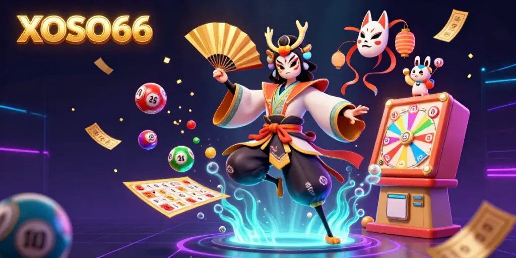 XOSO66 celebrates gaming with dynamic 3D lottery-themed illustration highlighting excitement and engagement.