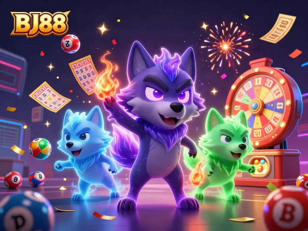 Experience the excitement of BJ88 with vibrant lottery elements and ghostly wolves in an energetic scene.