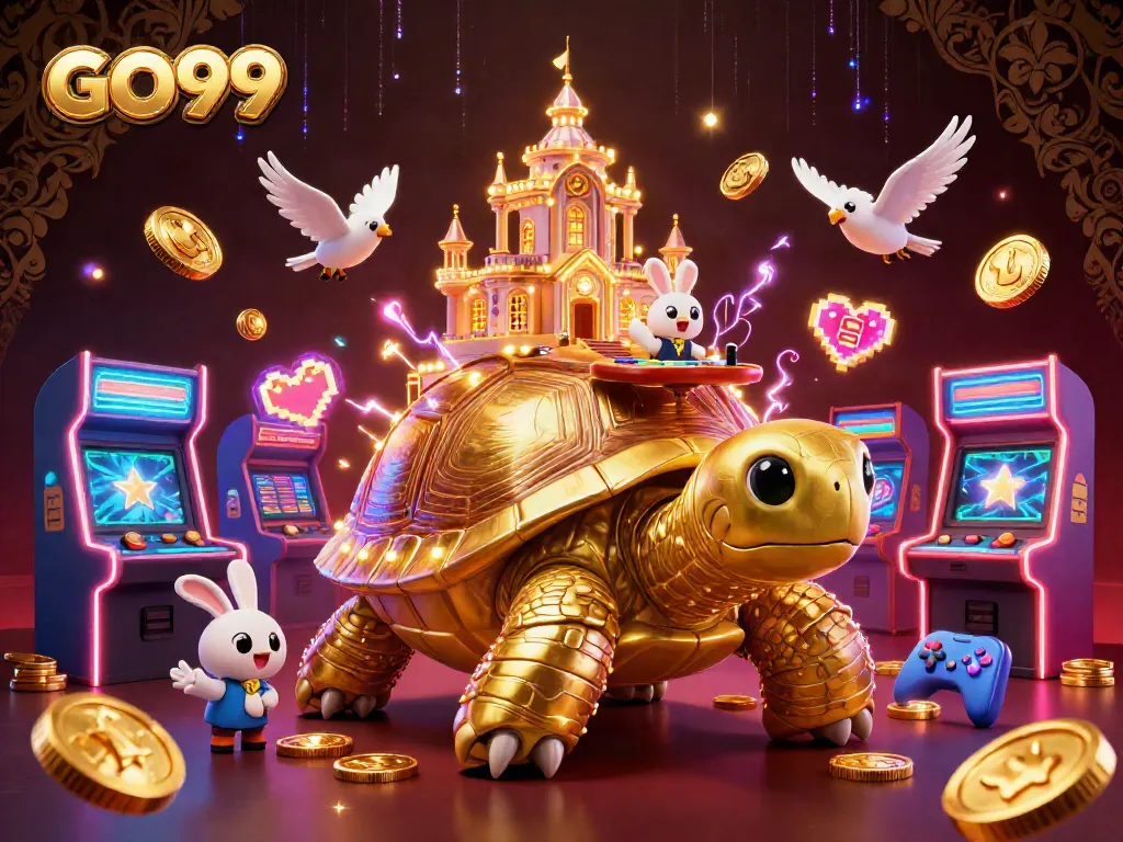 Engage with GO99 in a vibrant 3D casino illustration featuring a golden tortoise and a rabbit dealer.