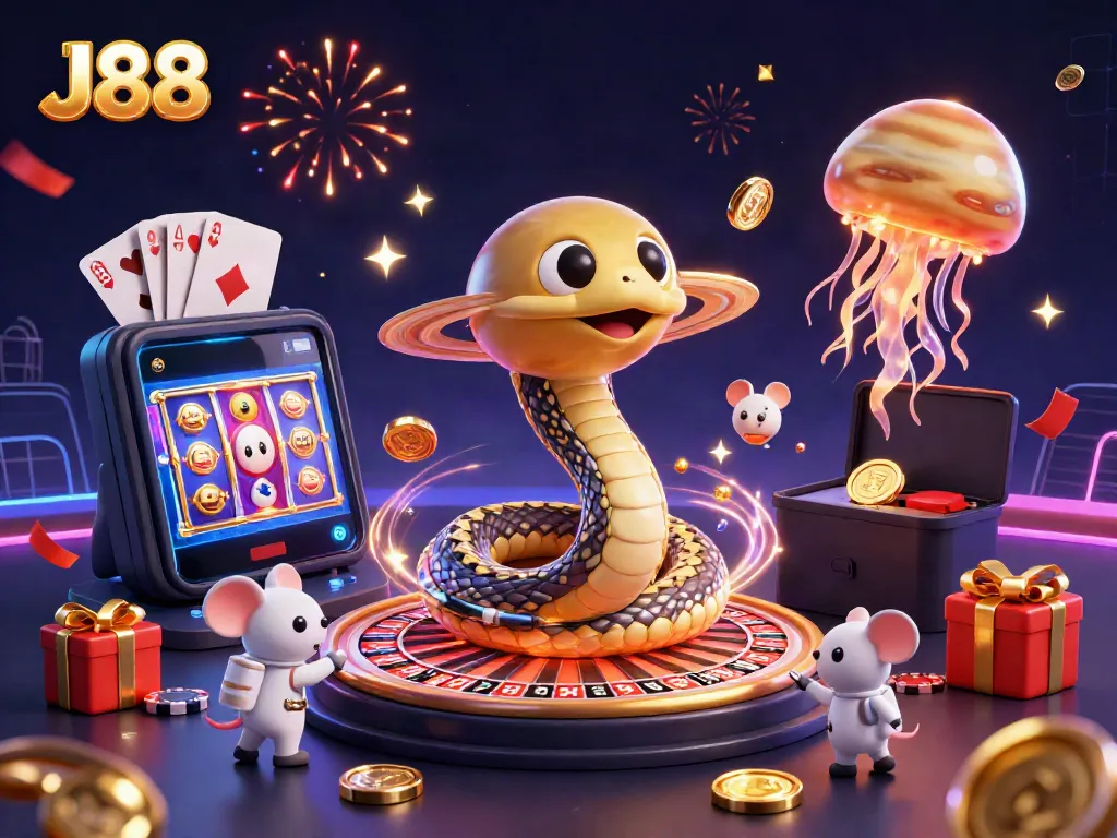 Experience the fun of J88 with tiny astronaut mice betting on a Saturn ring roulette wheel surrounded by vibrant casino elements.