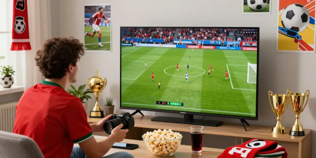Football fan enjoying a live match on Gavangtv in a cozy, decorated room.