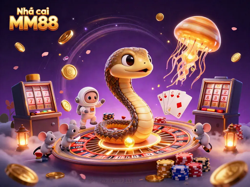 Experience the thrill of Nhà cái MM88 with a thrilling cosmic casino scene featuring bets and games.