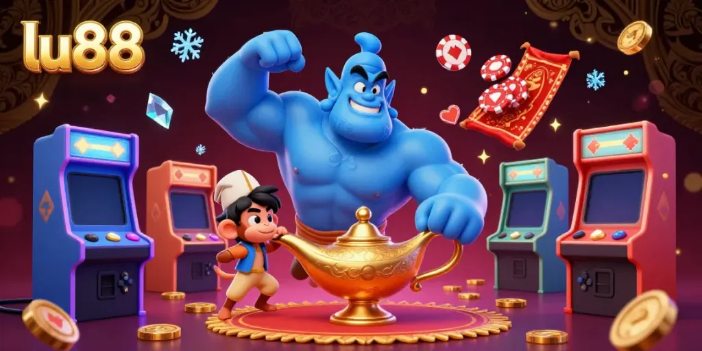 Experience the excitement of lu88 with a vibrant 3D scene showcasing gaming elements and characters like a blue genie and poker chips.