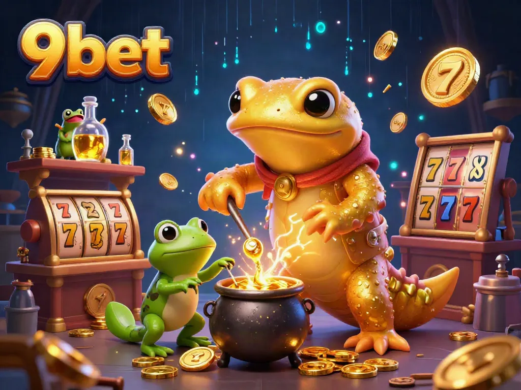Enticing 9bet casino scene featuring alchemist crafting golden coins amidst vibrant slot game elements.
