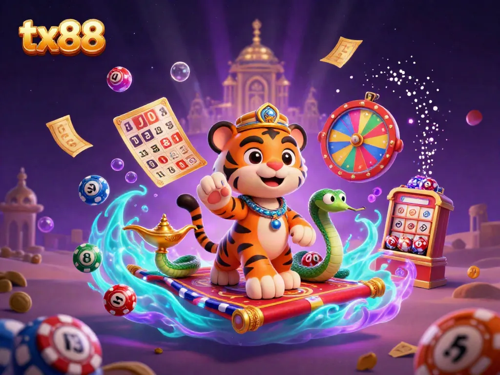 Experience the magic of tx88 with a vibrant casino-themed illustration featuring a tiger sultan and lottery elements.