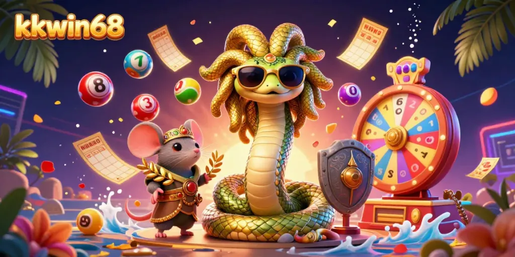 Experience exciting lottery action with kkwin68, featuring vibrant balls and a friendly Medusa character.