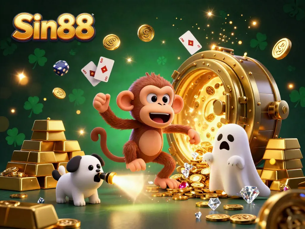 Engage in thrilling gaming at Sin88 with a playful monkey and puppy in a rich casino scene full of treasures.