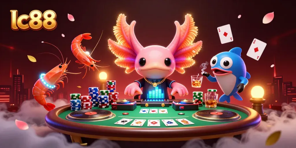 Experience the vibrant energy of lc88 with animated casino characters and action-packed poker elements.