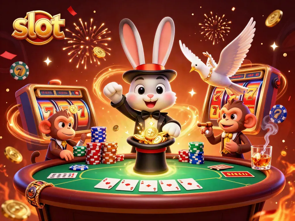 Experience thrilling slot games with a magician rabbit, poker chips, and confetti in this vibrant illustration.