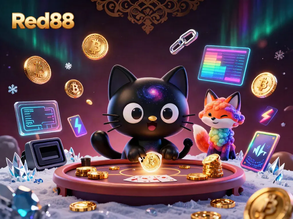 Engage with the cosmic charm of Red88's casino scene featuring a black hole cat and nebula fox.