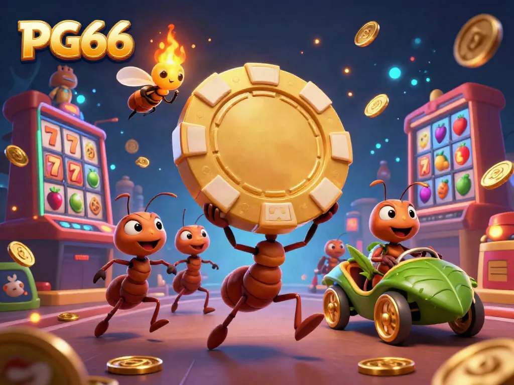 Ant heist scene with a golden chip representing PG66, vibrant casino elements, and lively characters.