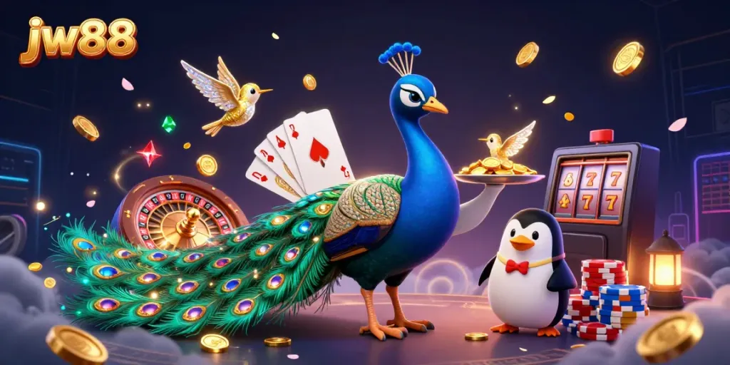 Engage with jw88's vibrant casino world featuring aristocratic peacock, butler penguin, and golden hummingbird.