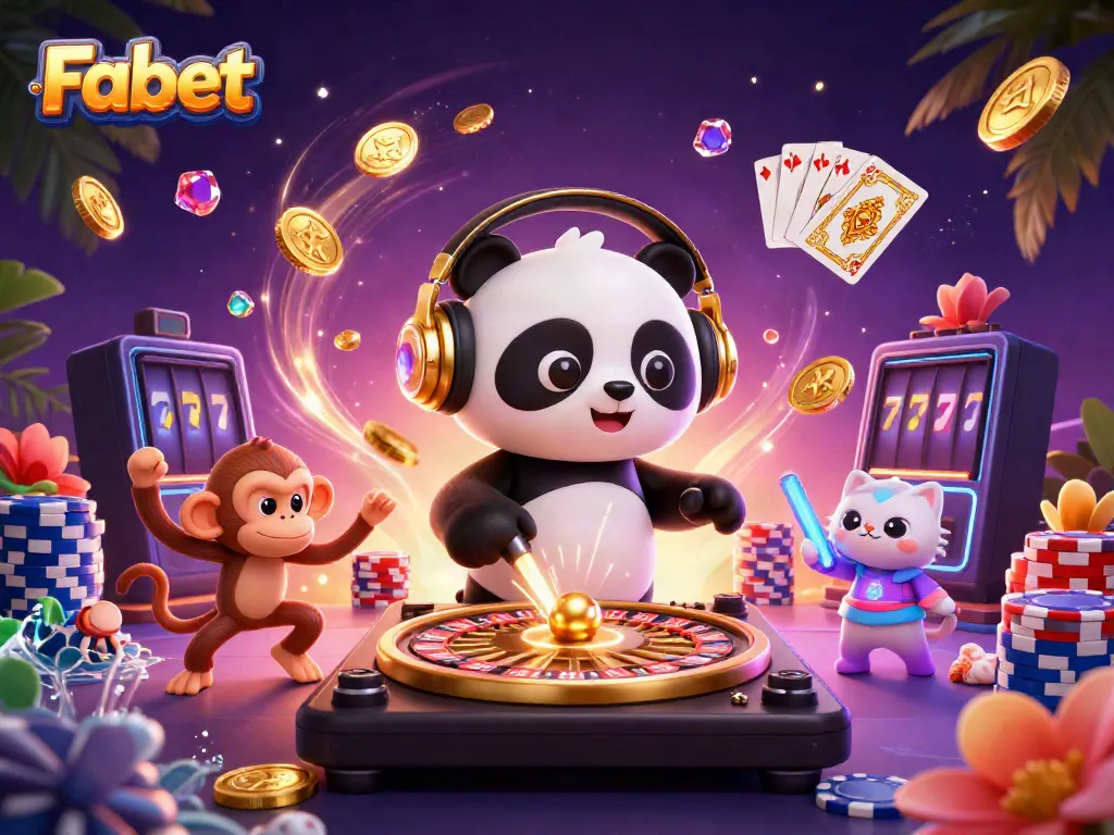 Experience Fabet's vibrant gaming world with a DJ panda, dancing monkey, and glowing kitten amidst dynamic casino elements.