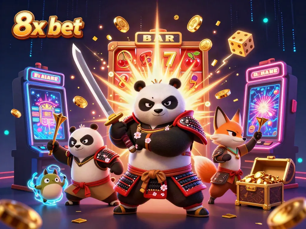Experience the thrill of 8x bet with dynamic samurai and fox in a vibrant casino-themed illustration.