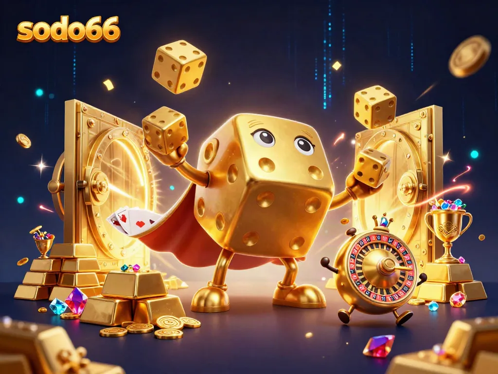 Experience the excitement of SODO66 with golden dice and treasures in a vibrant casino scene.