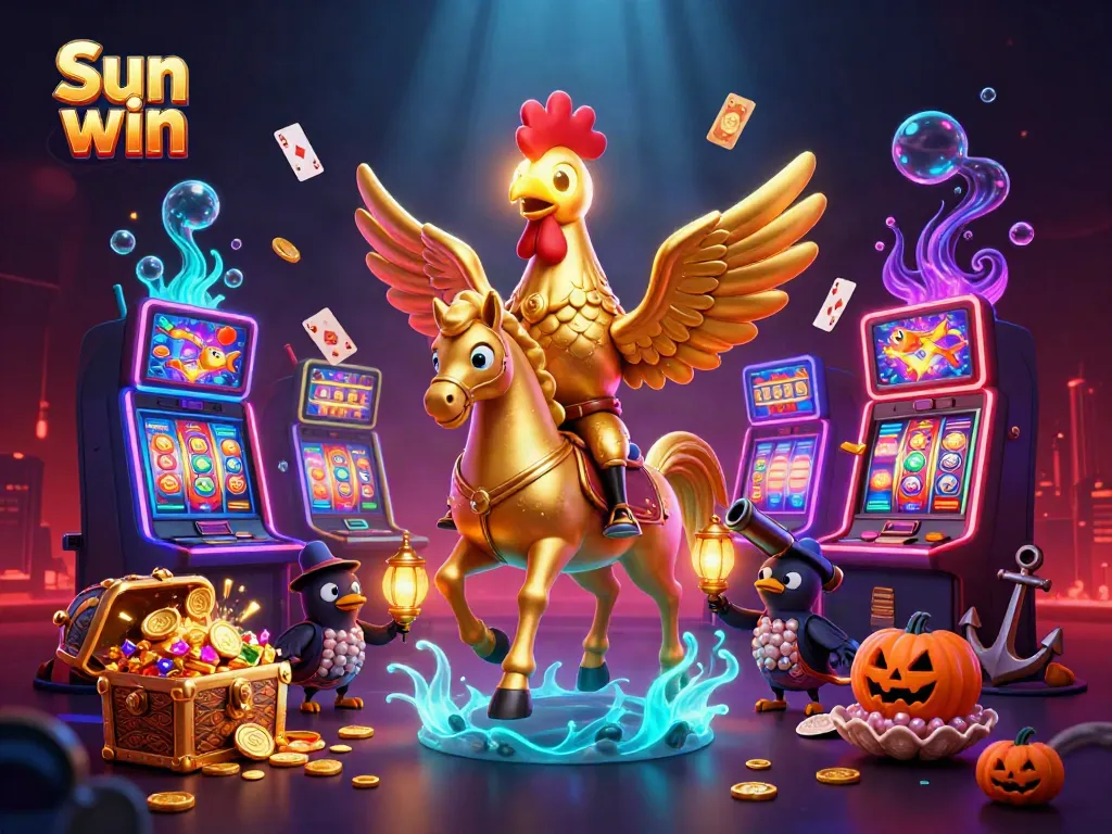 Experience the excitement of Sun win with a golden rooster and vibrant casino elements illuminating the night.