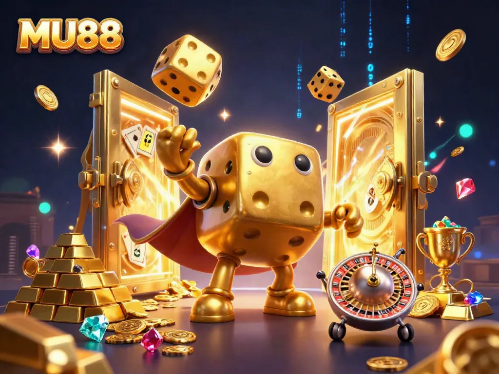 Immerse in MU88's lively casino scene featuring golden dice and dazzling treasures.
