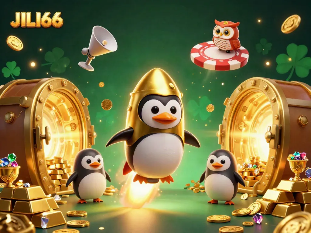 Experience excitement at JILI66 with a rocket-powered penguin and treasure in a captivating casino scene.