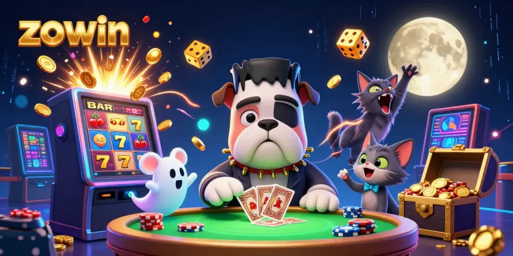Zowin provides an exhilarating gaming experience with a Frankenstein bulldog dealer, vibrant slot machine, and magical aura