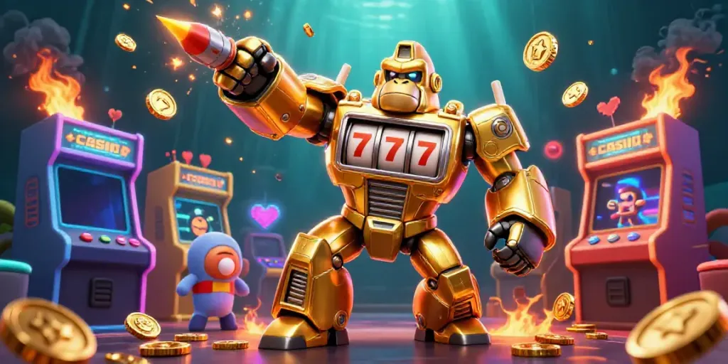 Engage in the vibrant world of CASINO gaming with a dynamic golden gorilla mech and interactive arcade elements.
