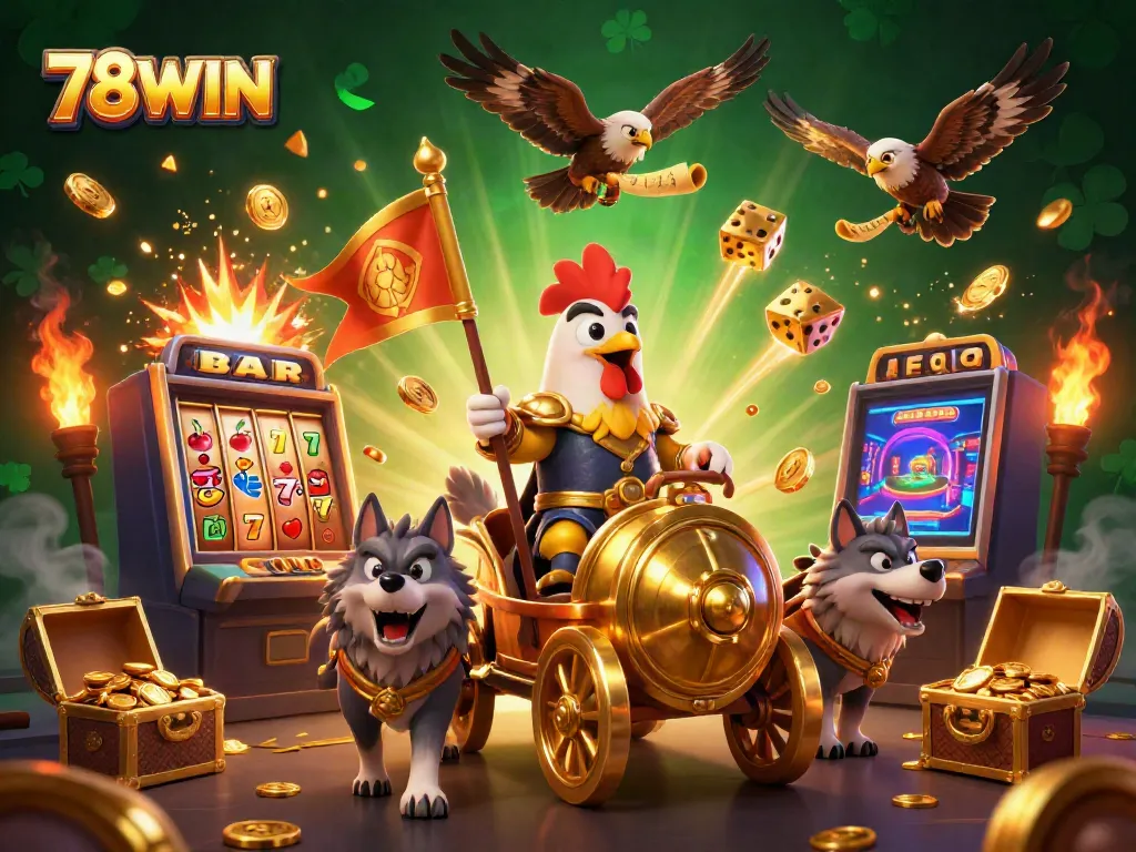 Experience the dynamic action of 78WIN with a 3D rooster warlord in a casino environment, surrounded by golden treasures.
