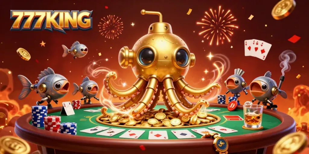 Experience the thrilling casino adventure at 777KING with a vibrant 3D illustration featuring gold coins and poker chips.