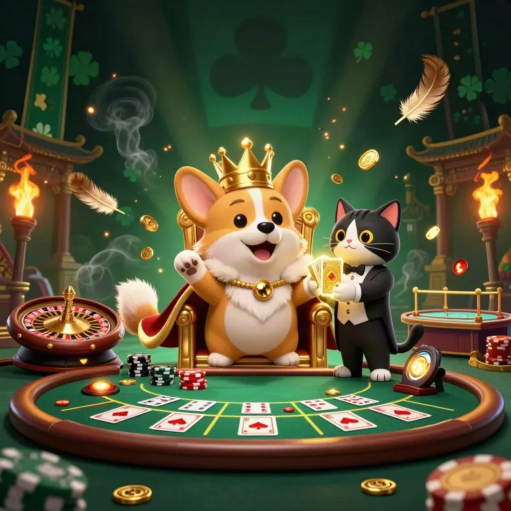 Crowned corgi king and cat butler amid casino treasure, temple gate, and neon-gold light.