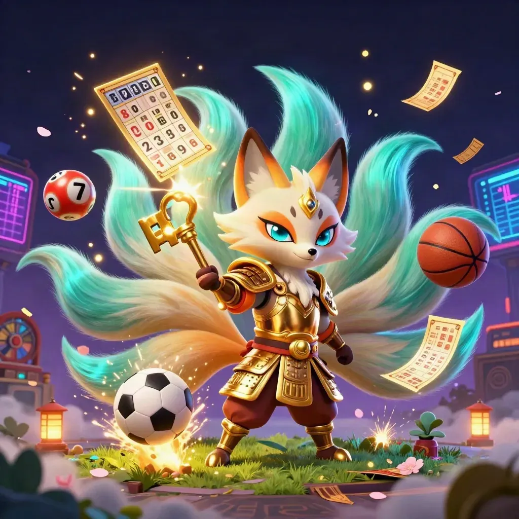 Neon fox spirit and samurai mouse amid casino props, lottery balls, petals and blazing light.