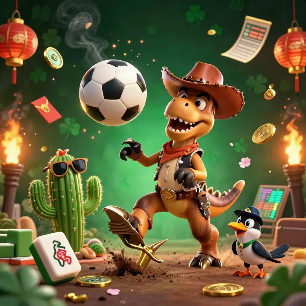 Cowboy T-Rex, cactus and roadrunner amid casino sports props, balls, coins and emerald glow