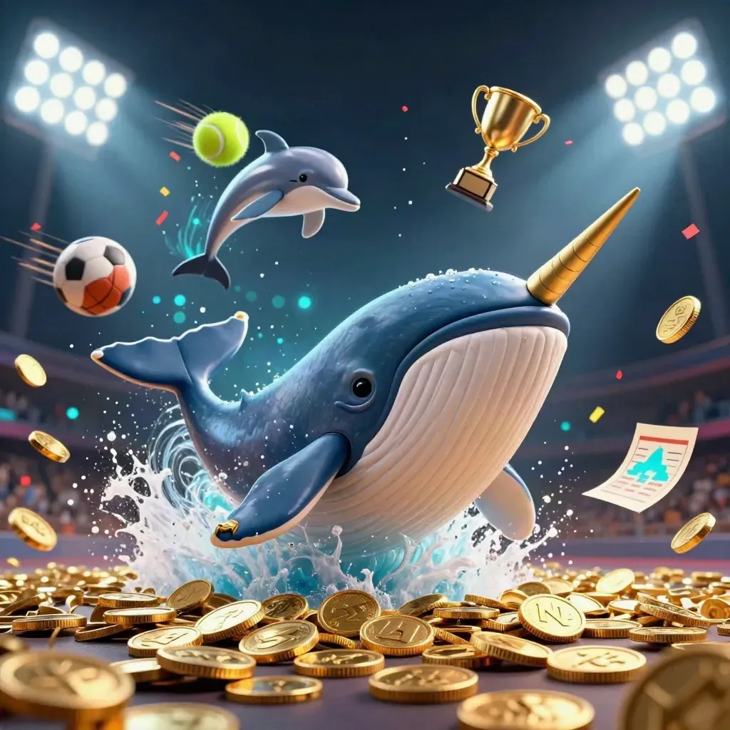 Whale captain, narwhal and dolphins burst through coins as sports balls fly under blazing floodlights.