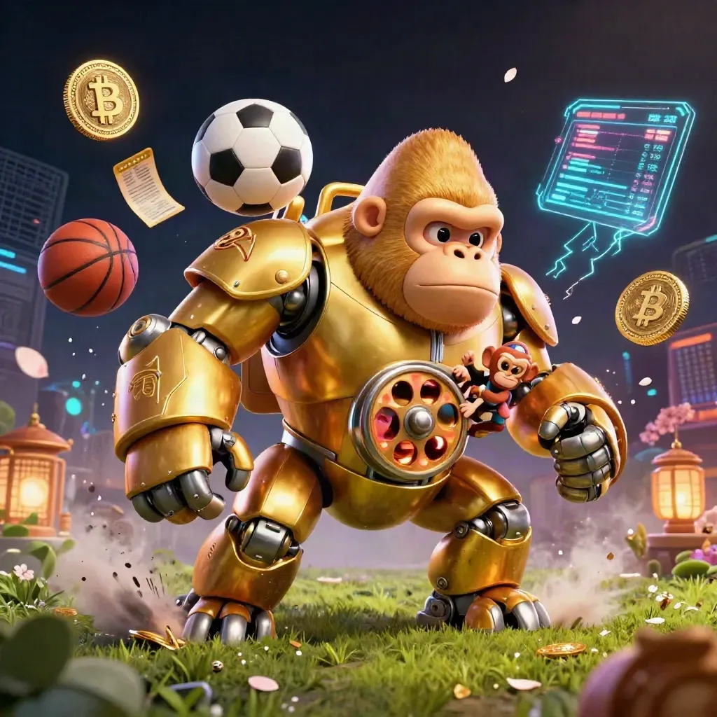 Golden gorilla mech and monkey pilot explode through casino-lit sports action with coins and turf.