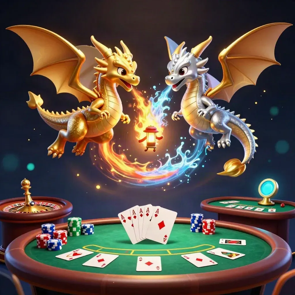 Twin gold and silver dragons swirl over a glowing casino table with chips, cards, and lights.