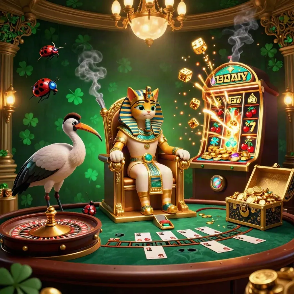 Pharaoh cat, ibis scribe and gem-winged scarabs amid slot burst, gold, emerald light and casino luxury.