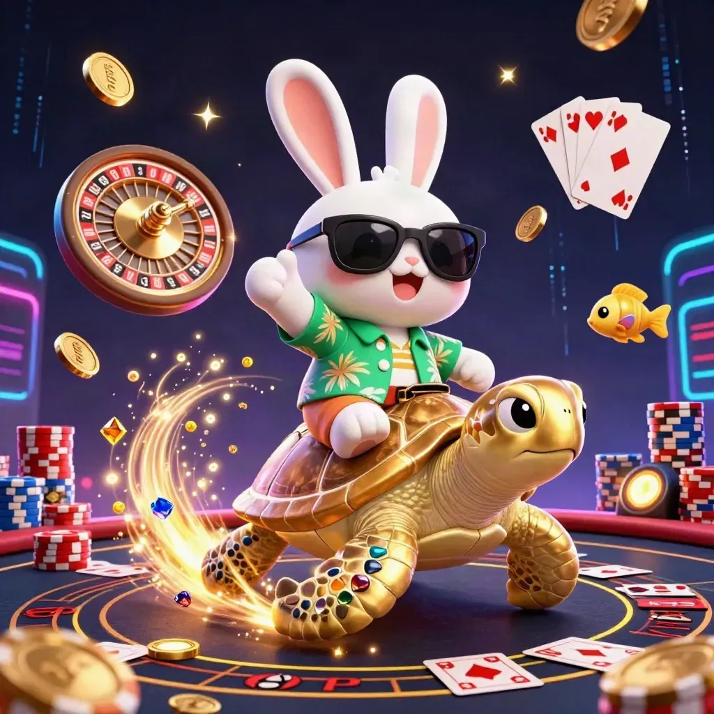 Rabbit on a jeweled turtle amid coins, chips, cards, roulette, neon casino lights