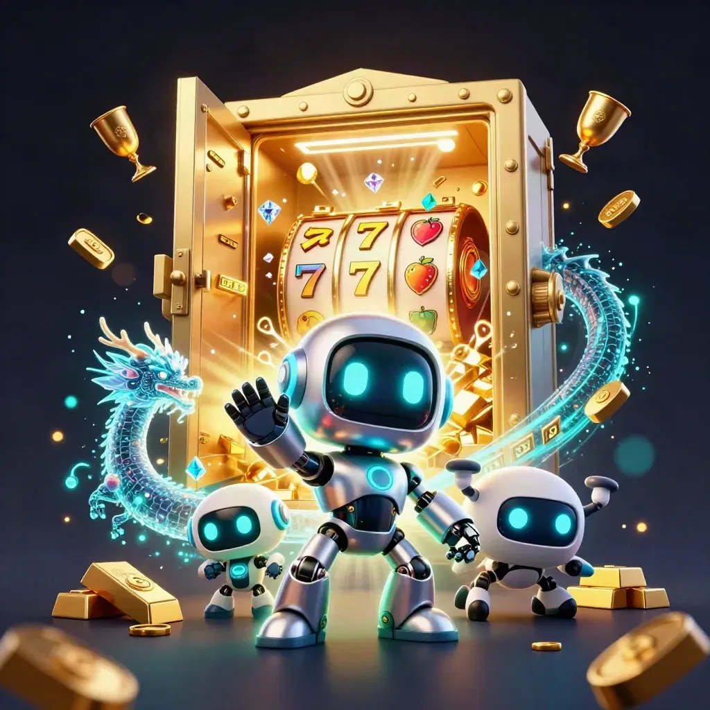 Cyberpunk robot, holographic dragon, and coin drone burst from a gold vault with gems