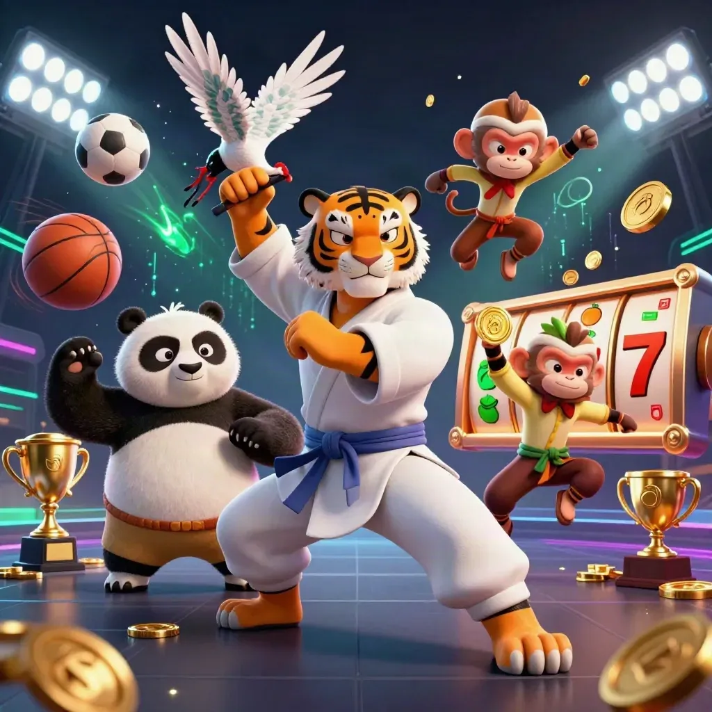Kung-fu tiger, panda, and monkey amid trophies, balls, coins, and neon casino energy.