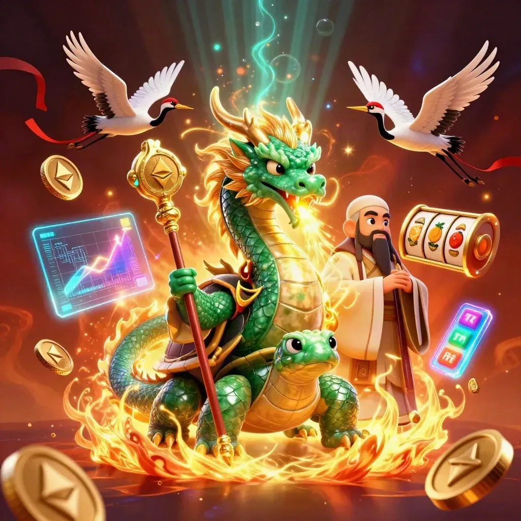 Emerald dragon, turtle sage and cranes amid casino gems, fire, neon coins and glowing effects.