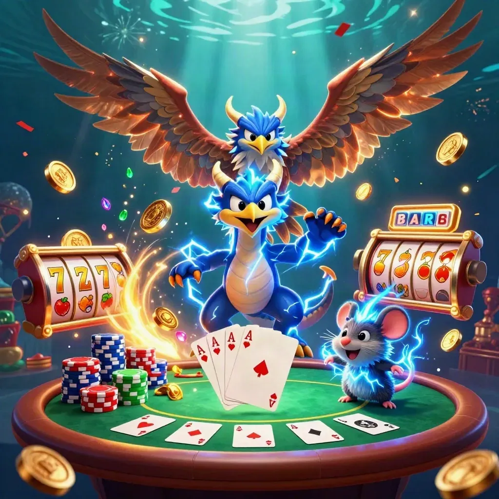 Thunder dragon, wind hawk and static mouse explode with chips, cards and neon casino effects.
