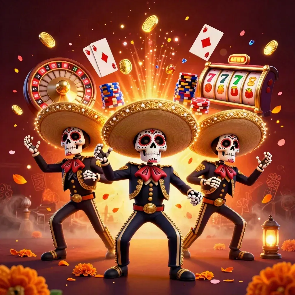Skeleton mariachi trio amid coins, gems, roulette, cards, chips, and glowing casino effects.