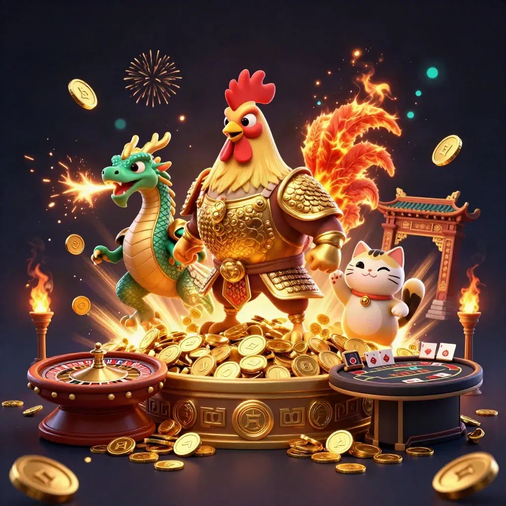 Rooster warrior, spark-breathing hatchling, and fortune cat amid vault coins and casino glow.