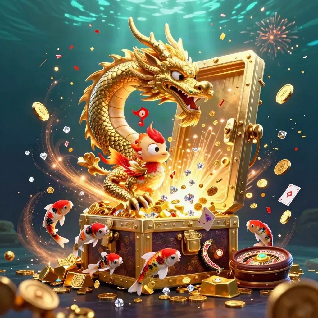 Golden dragon, phoenix and koi burst from a vault with coins, jewels and casino lights.