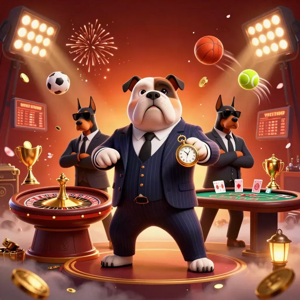 Bulldog boss and two Dobermans amid coins, trophy, petals, and casino lights