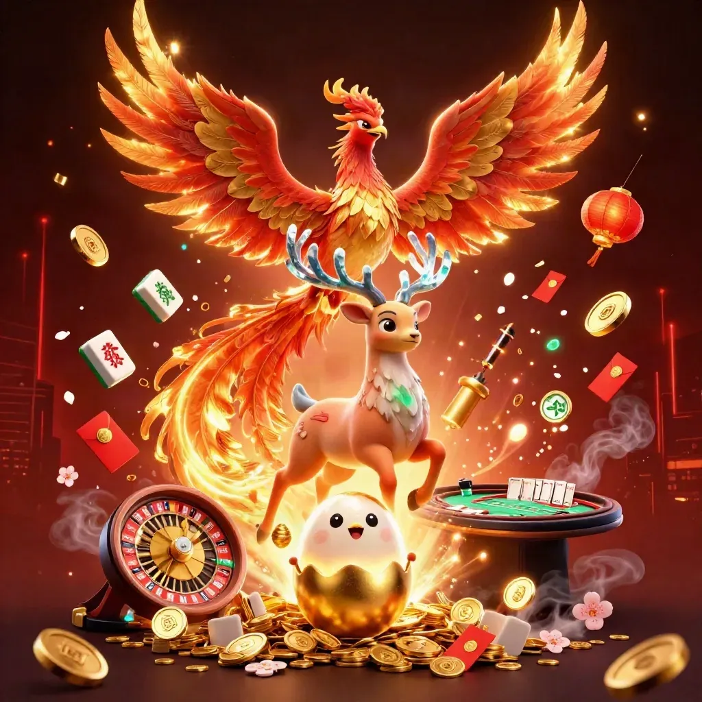 Phoenixes and a stag burst from a vault with coins, fireworks and casino symbols.