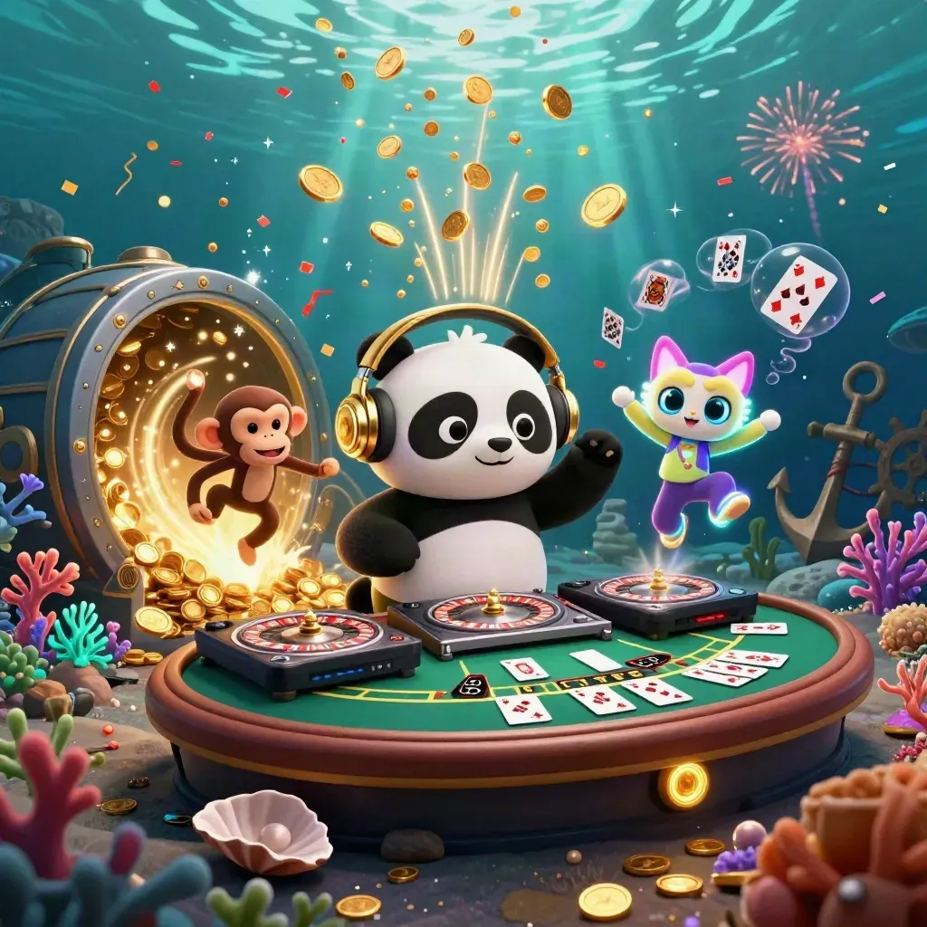 DJ panda, breakdancing monkey, and glow-stick kitten amid coin bursts in an underwater casino cove.