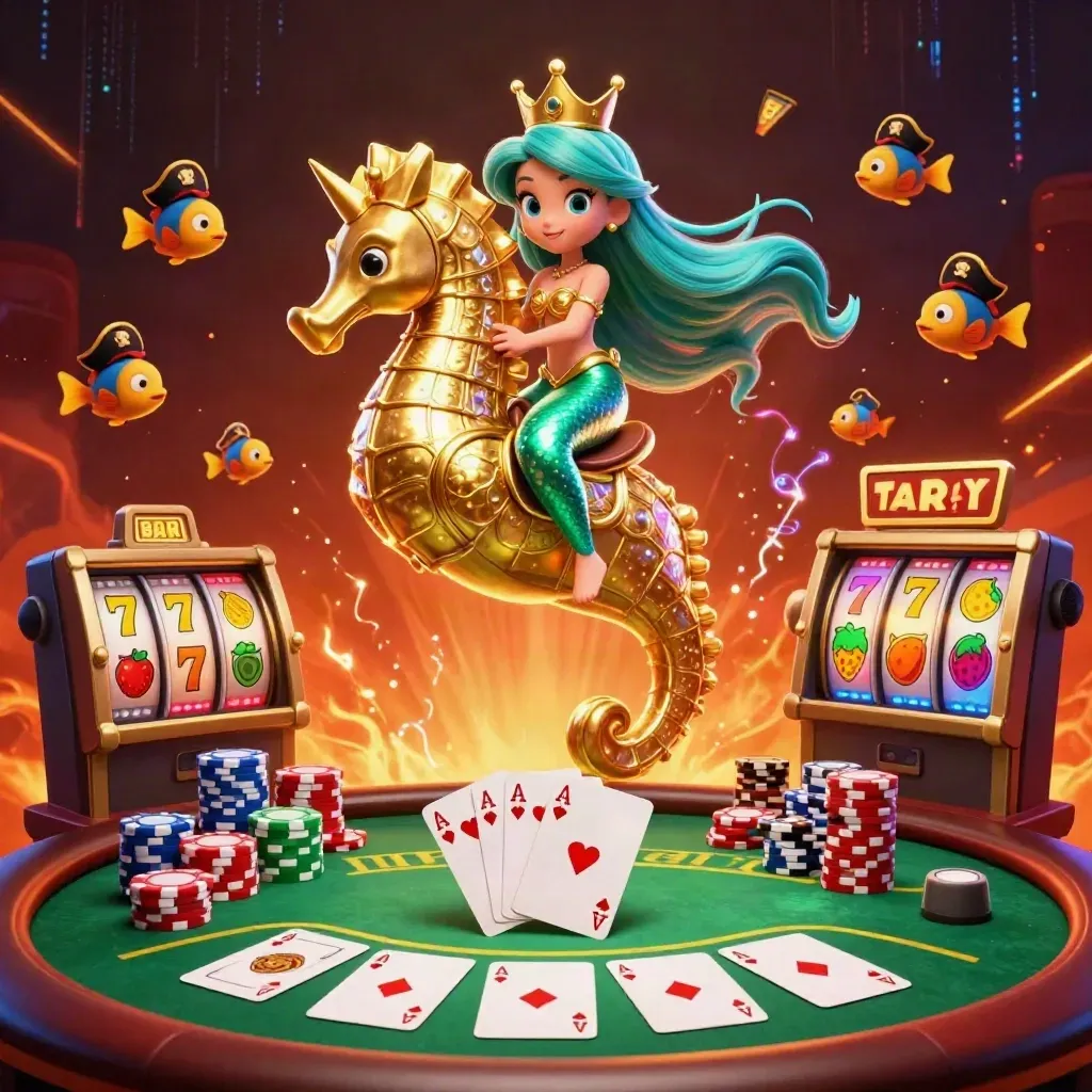Mermaid princess on armored seahorse amid pirate fish, chips, cards, and slot symbols