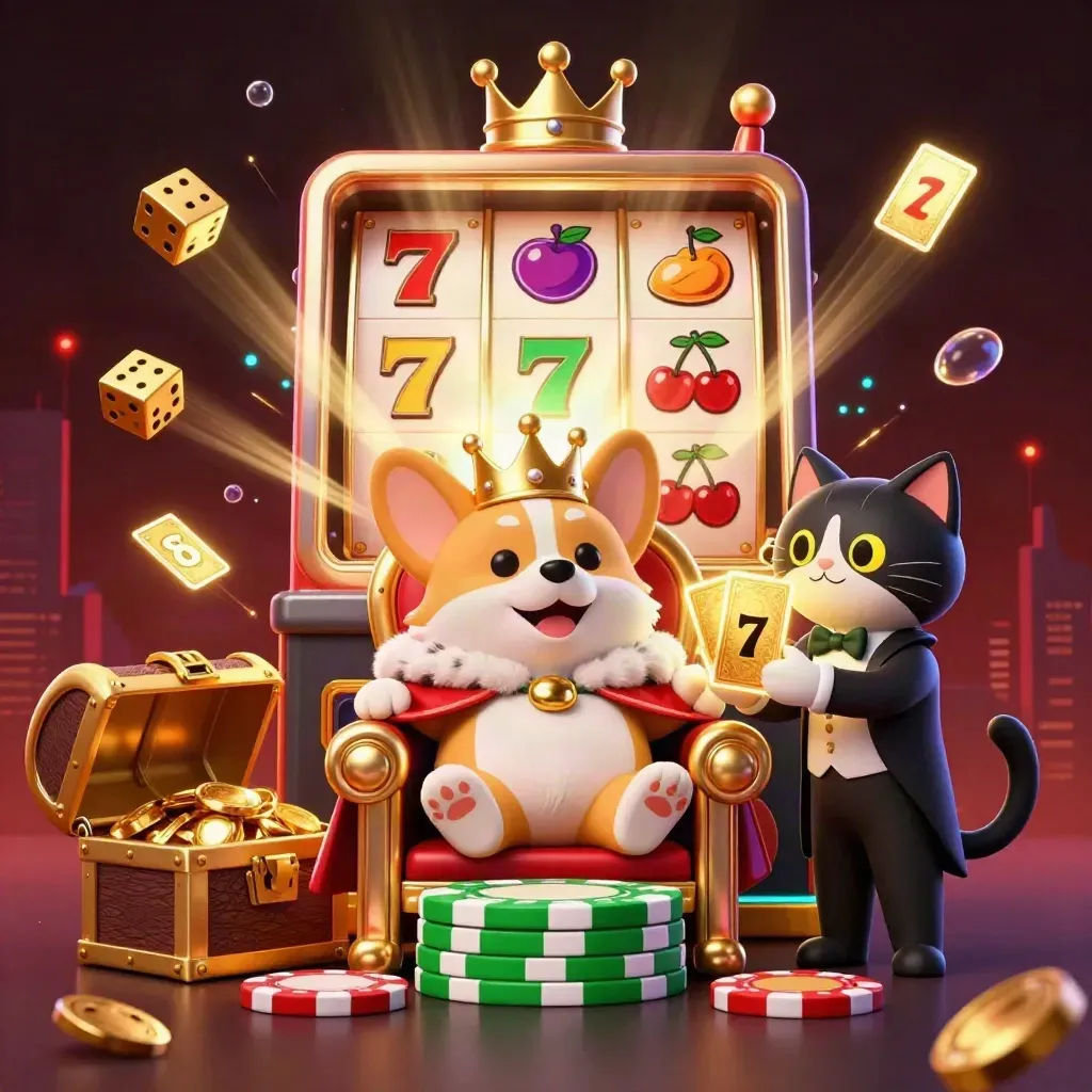 Royal corgi and cat butler amid jackpot slot chaos with neon casino glow