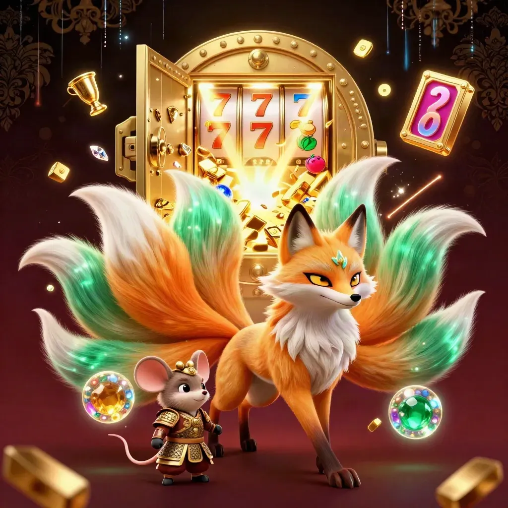 Fox spirit and armored mouse at a glowing vault with gold, gems, reels, and energy