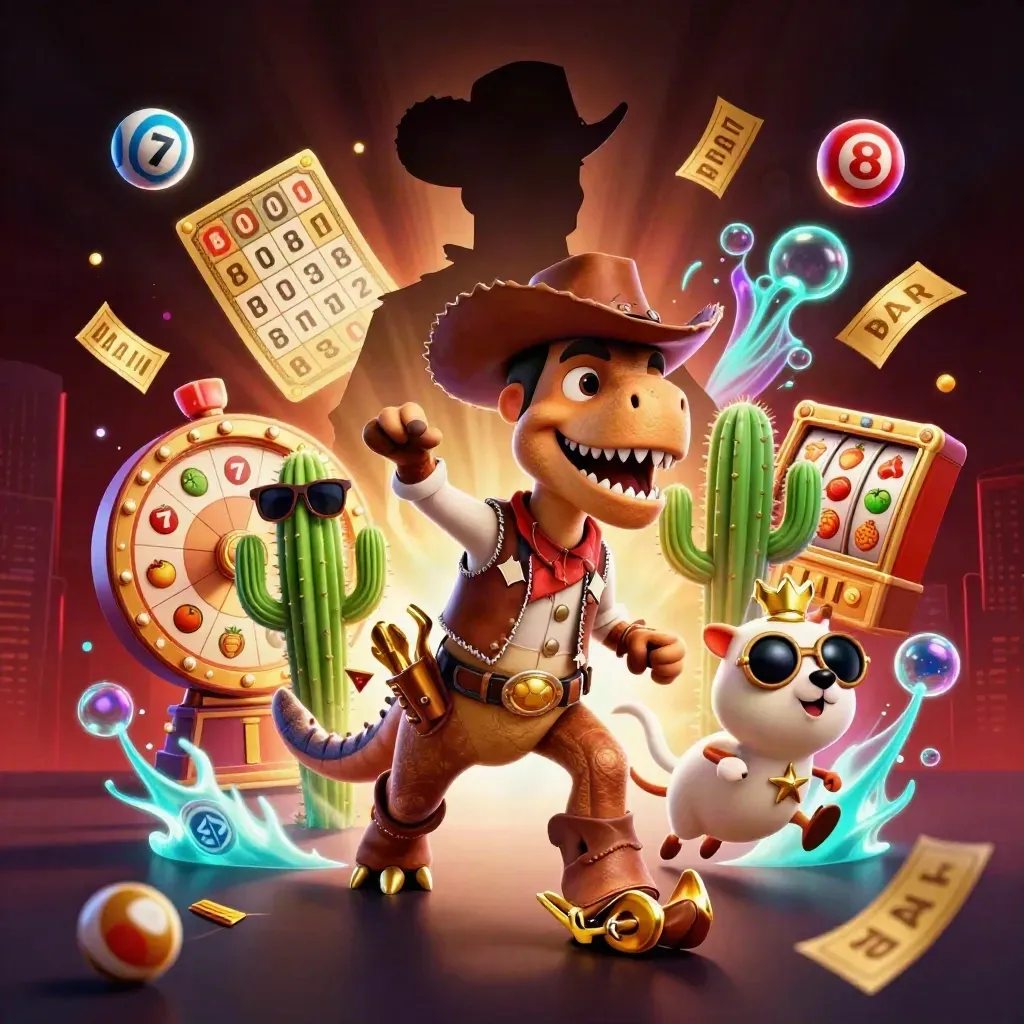 Cowboy T-Rex, cactus sidekick, and roadrunner amid casino reels, balls, tickets, and jackpot glow.